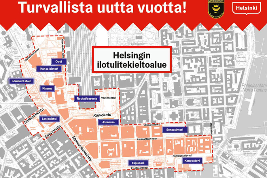Karttakuva uudenvuoden ilotulitekieltoalueesta.