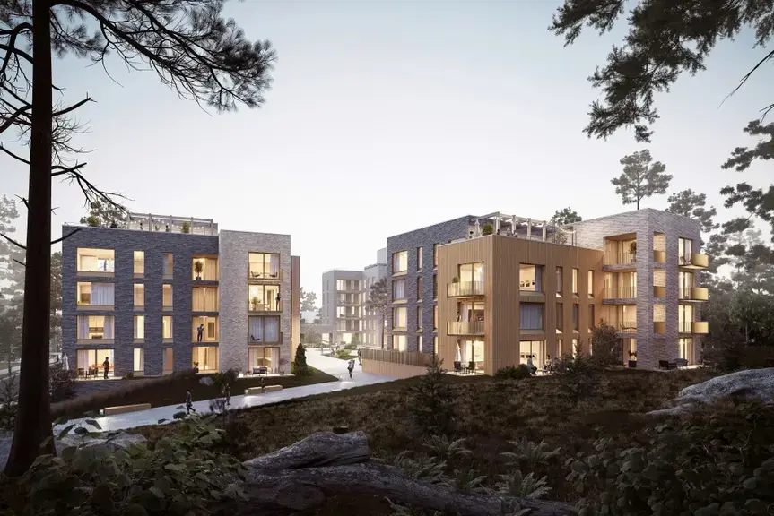 Illustration av den planerade bebyggelsen. Bilden visar små flerbostadshus i klippig terräng.