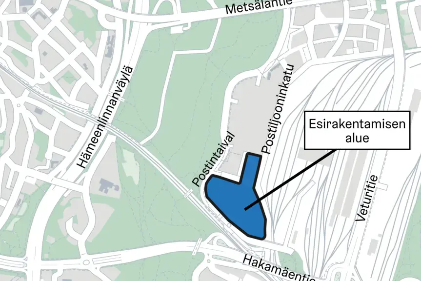 Kartta Eteläisen Postipuiston esirakentamisalueesta.