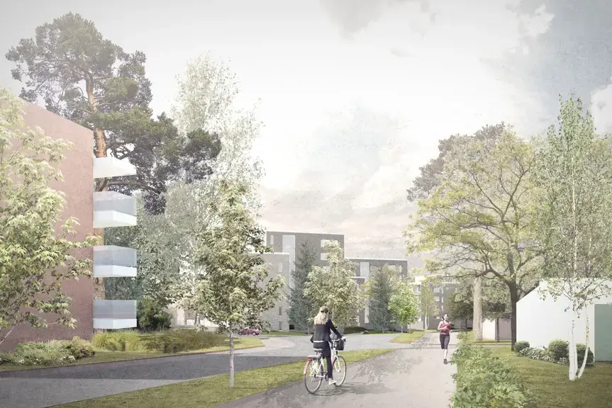 En visionsbild från Ramsöuddsvägen visar hur ett bostadskvarter skulle kunna se ut