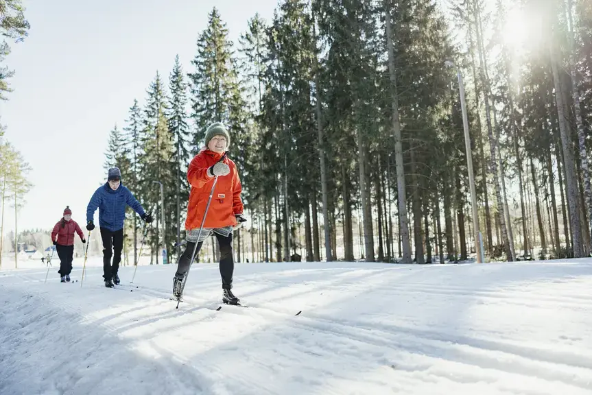 Tre personer åker skidor på ett skidspår som går genom skogen en solig dag.