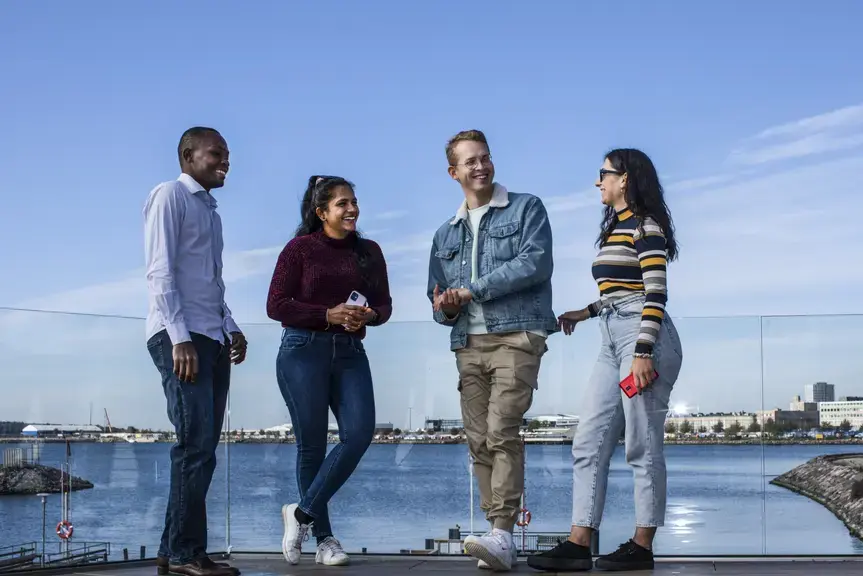 Fyra personer pratar vid havet.