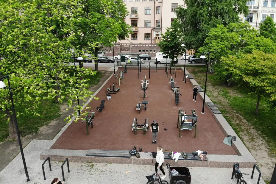 In this aerial view of the Eira outdoor gym, people can be seen exercising.