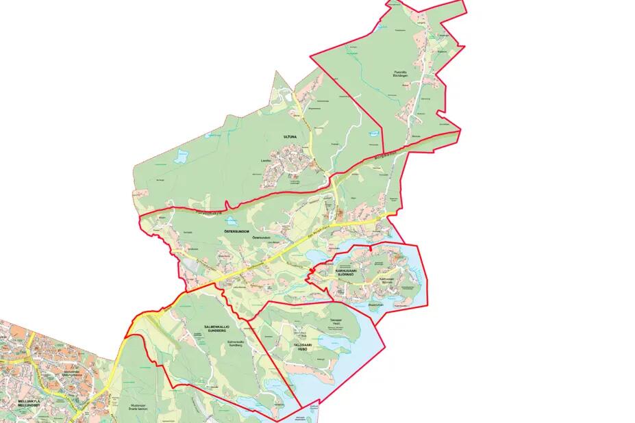 Östersundomin kartta, johon rajattu puunkaatoalueet.