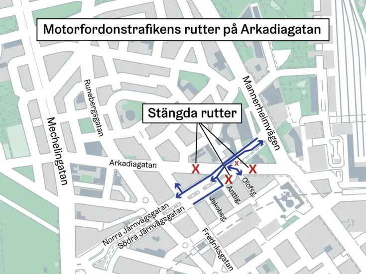 Karta över rutterna. Motorfordonstrafiken är avstängd på Arkadiagatan vid Naturhistoriska museet och Lilla parlamentet.  
