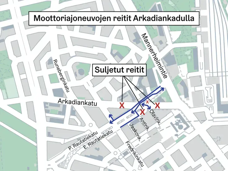   Kartta reiteistä. Moottoriajoneuvojen yhteydet ovat suljettuna Arkadiankadulla Luonnontieteellisen museon ja Pikkuparlamentin kohdalla.