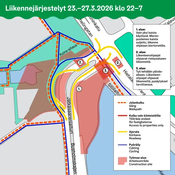 Katso karttakuvasta, miten työt vaikuttavat liikenteeseen.