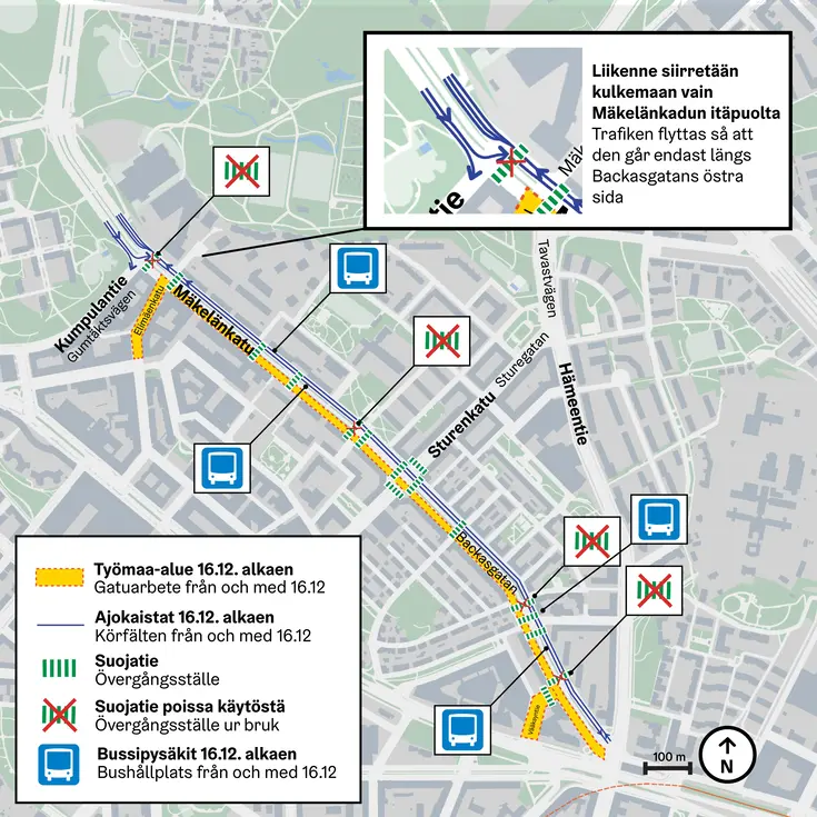 Kartta Mäkelänkadun liikennejärjestelyistä
