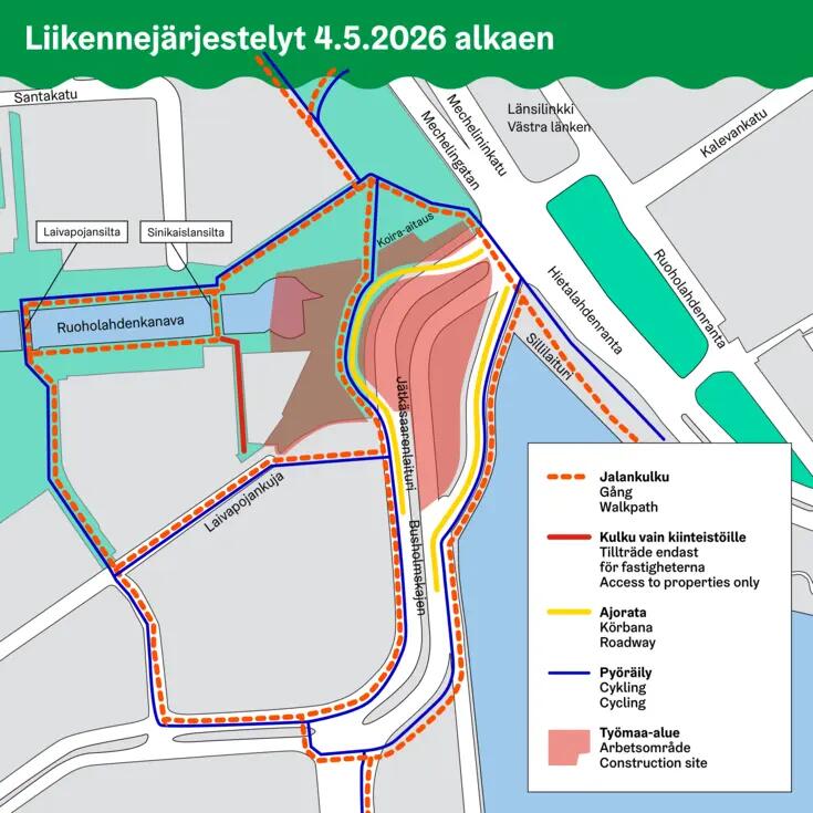 Karttakuva liikennejärjestelyistä Jätkäsaaren sillalla 4.5.2026 alkaen