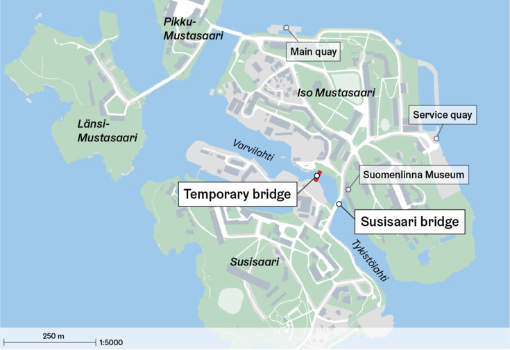 Temporary bridge and the susisaari bridge marked on a map
