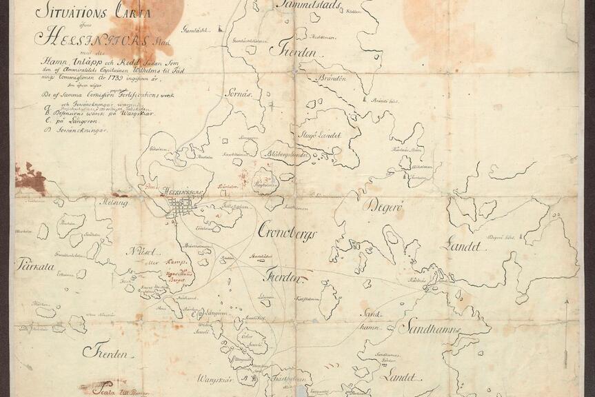 En gammal karta över Helsingfors och dess skärgård från 1739.