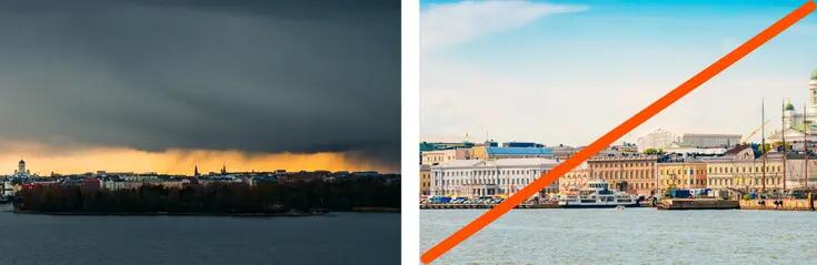 Kuva myrskyisestä sekä aurinkoisesta Helsingistä. 