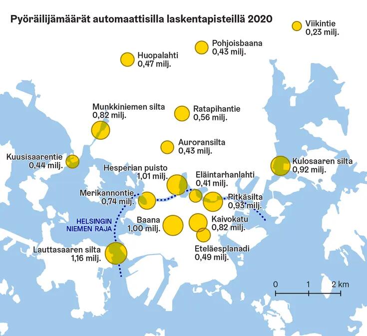 Symbolikartta hyvin pelkistetyllä karttasiluetilla, ympyrät kartalla näyttävät määriä tietyissä pisteissä.