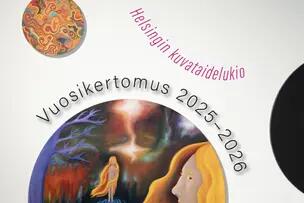 Vuosikertomuksen kannessa opiskelijoiden pyöreitä maalauksia.