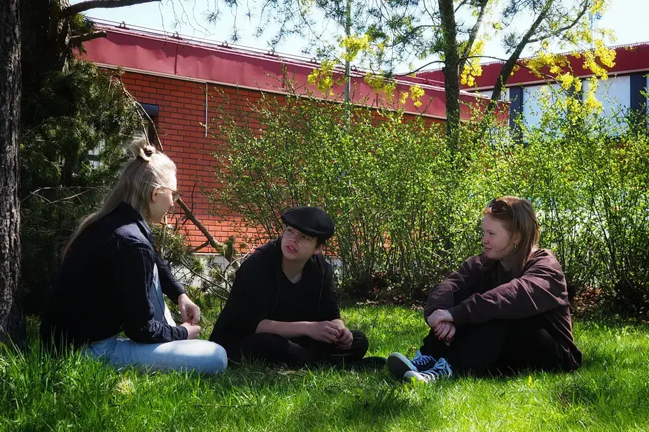 Opiskelijoita istumassa koulun pihassa puun alla