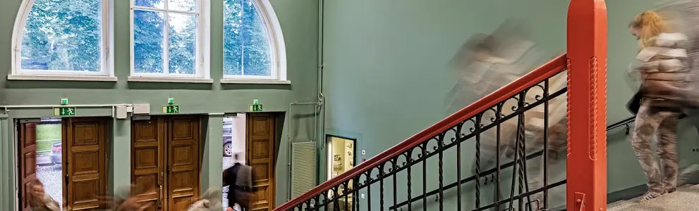 School lobby with stairs.