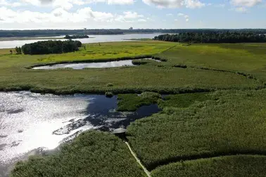 Ilmakuva jossa näkyy piilokoju, pitkospuita, ruovikkoa ja avovettä