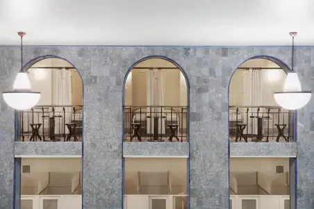 A view of the second-floor relaxation cabins at Yrjönkatu Swimming Hall.