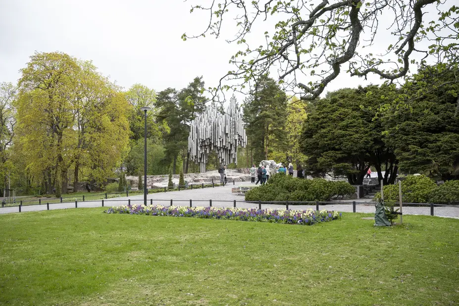 The Sibelius monument in Sibelius Park and spring plantings.