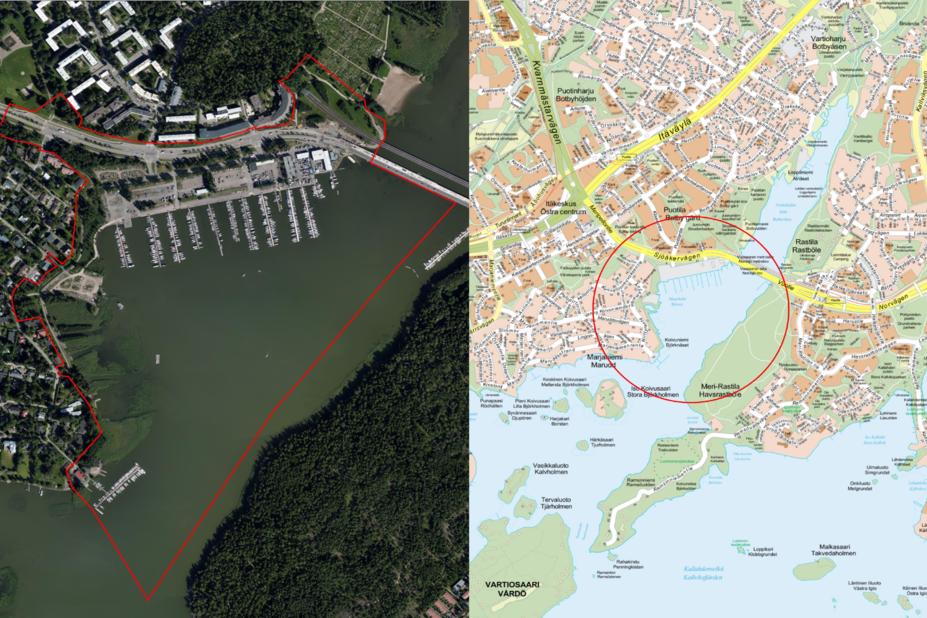 Karta där Botbygårdsstrandens plats är markerad. En bild som visar nuvarande småbåtshamnen uppifrån.