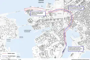 Kartta johon piirretty satamatunnelin linjaus.