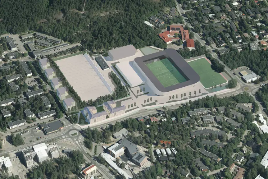 Havainnekuva Oulunkylän liikuntapuistosta, jossa näkyy myös uusi stadion.
