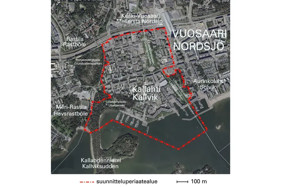 Karttakuva, johon merkitty Kallahden suunnitteluperiaatteiden alue.