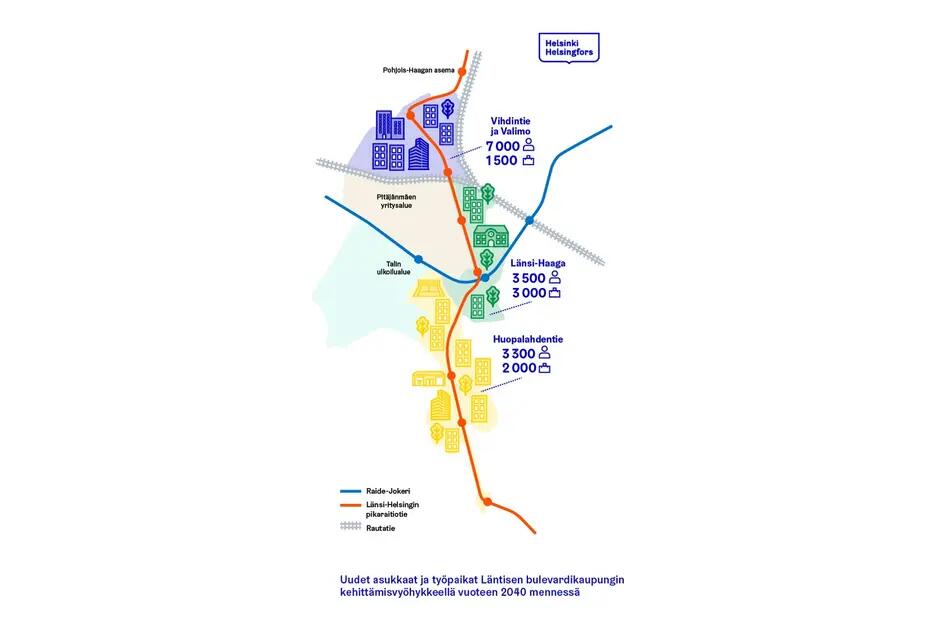 Infografiikka uusien asuntojen ja työpaikkojen sijoittumisesta Läntisen Bulevardikaupungin alueella vuoteen 2040 mennessä.