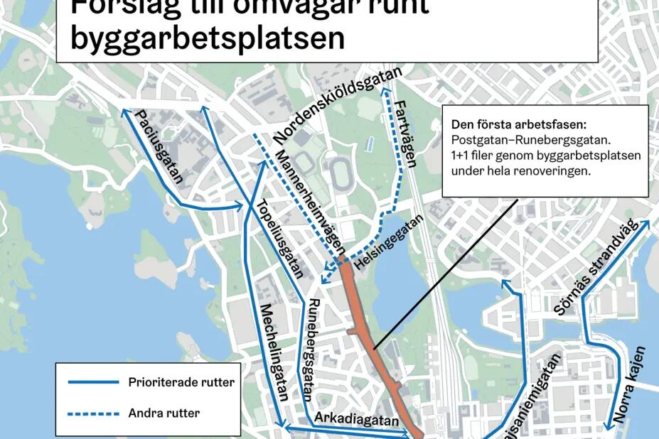 Förslag till omvägar runt byggarbetsplatsen.