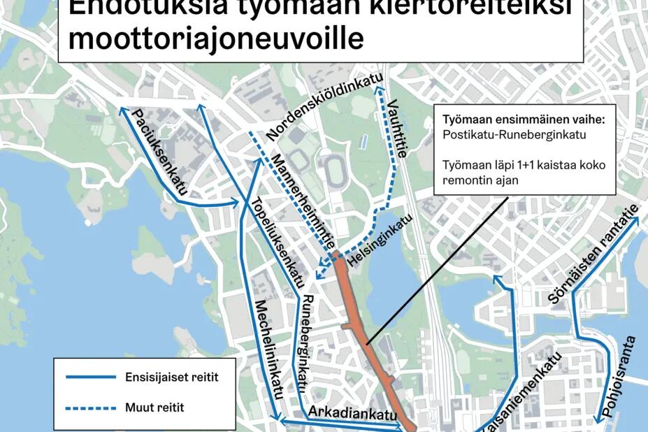 Ehdotuksia työmaan kiertoreiteiksi.