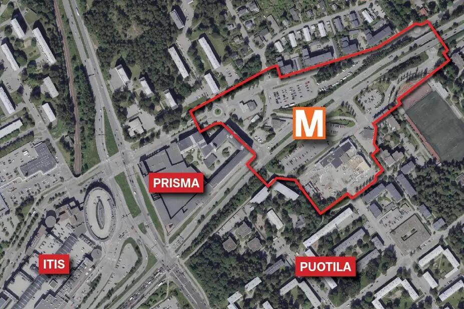 Puotilan metroaseman suunnittelualue kartalla. 