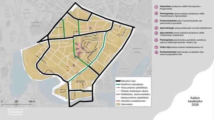 Kallion kesäkatujen aikaiset liikennejärjestelyt kartalla.