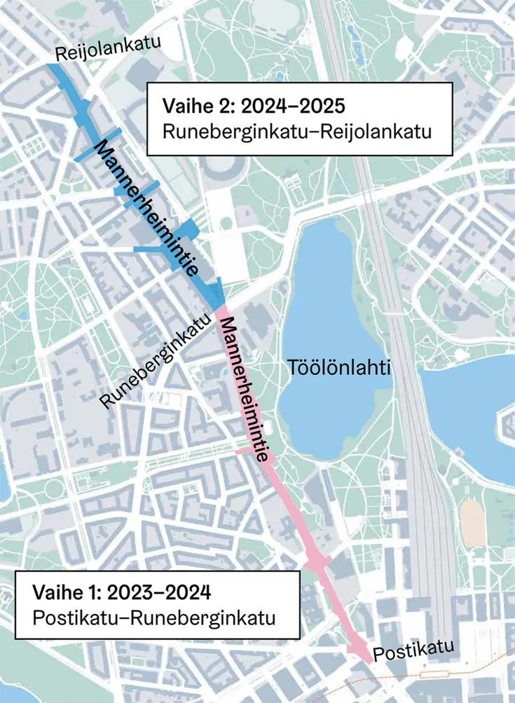 Katutyön vaiheet kartalla.