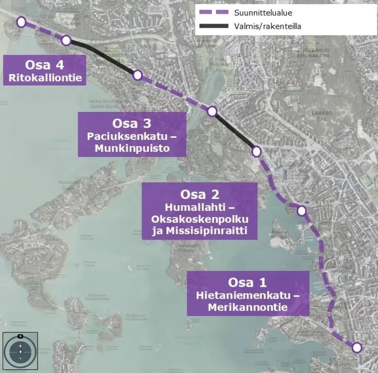 Kartta Munkkiniemenbaanan suunnittelualueesta.