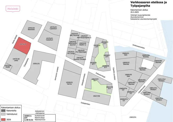 Verkkosaaren eteläosan ja Työpajanpihan rakentamisen aikataulukartta